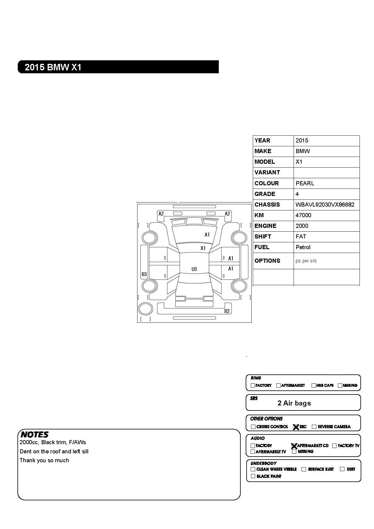 Technical inspection or service record for a 2015 BMW X1 vehicle.