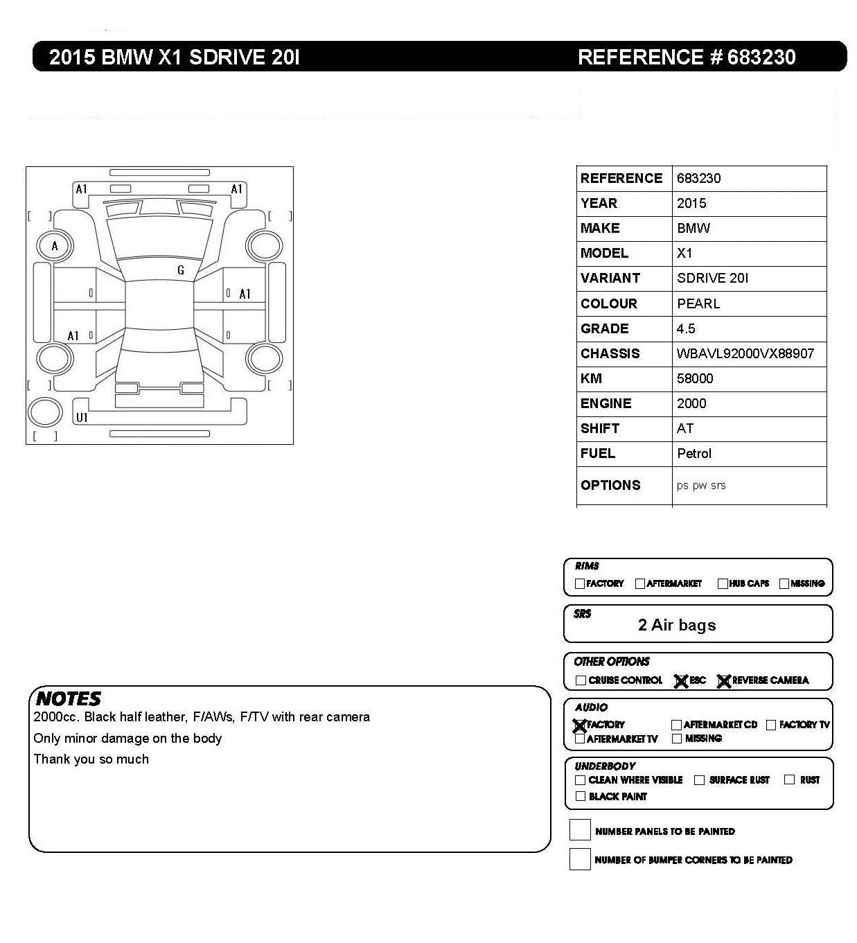 Technical document for a 2015 BMW X1 FWD with specifications and notes.